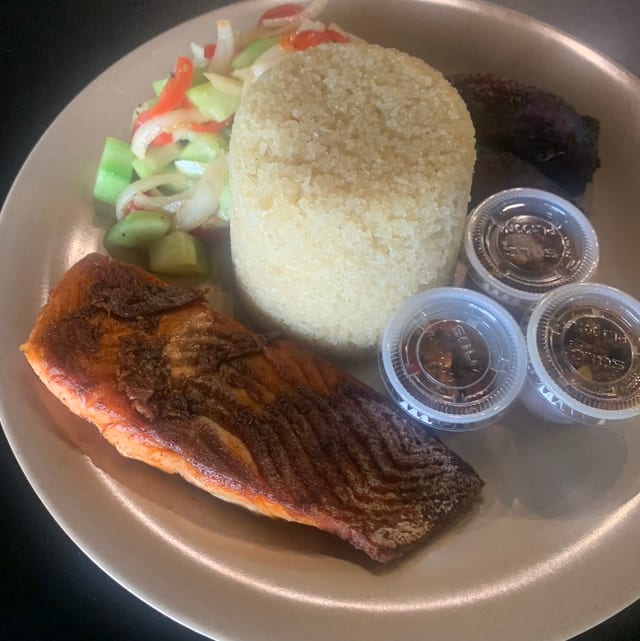 Grilled Salmon with Corned Beef Rice.