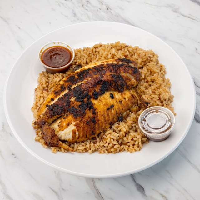 Blackened Tilapia with Corned Beef Rice.